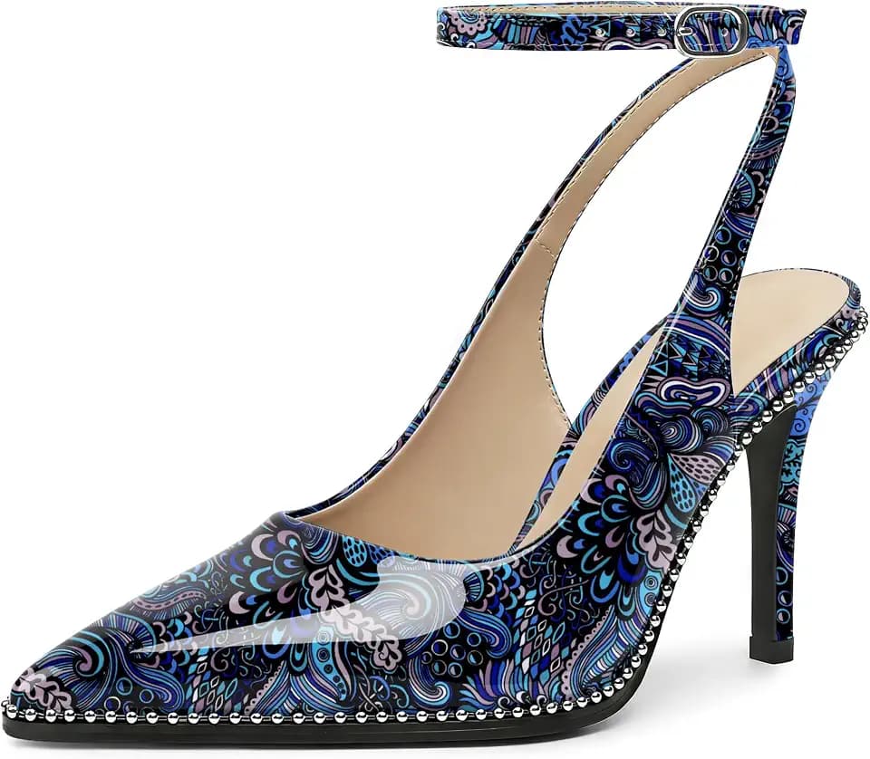 Soireelady Women's Slingback Heels Ankle Strap Pointed Toe Stilettos High Heel Beaded Pumps Dress Shoes 3.5 Inches