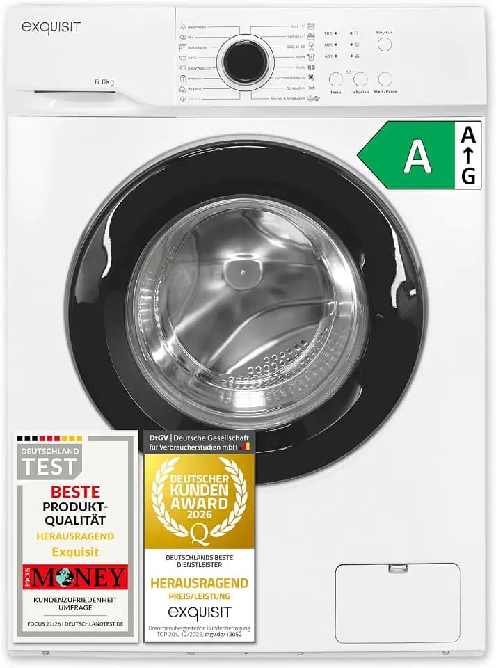 Exquisit Waschmaschine 6kg - Kleine Waschmaschine - 44 cm Tiefe - Weiss | Energieklasse A, Aquastop, 1000 U/min, 16 Programme & platzsparende Elektro-Großgeräte