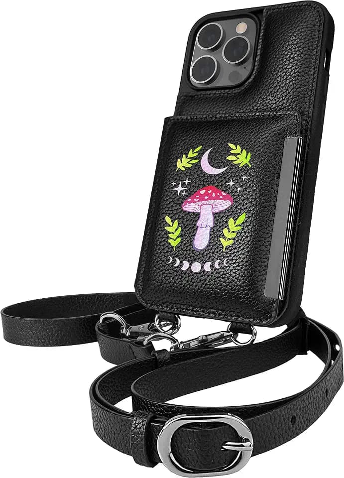 Smartish iPhone 14 Pro Max Crossbody Wallet Case - Dancing Queen [Purse/Clutch with Detachable Strap & Wristlet] Protective Cover with Credit Card Holder - Moons Out Shrooms Out