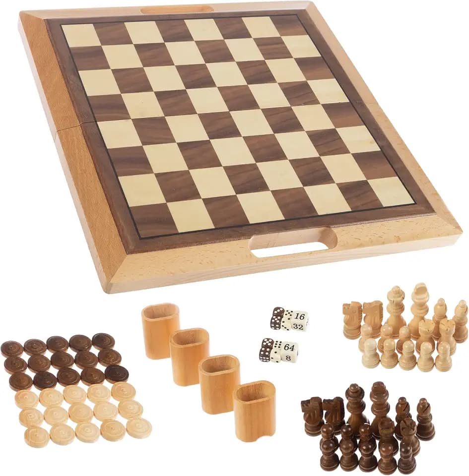 3-in-1 Chess, Backgammon, and Checkers Set – Wooden Board Game Set Folds for Practical Storage and Transport – Travel Board Games by Trademark Games