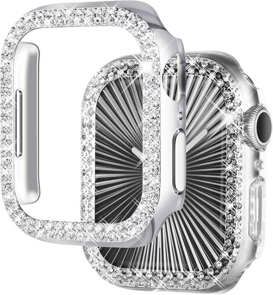 NewWays 2-Pack Luxury Bling Case for Apple Watch Series 11 10 42mm, Double Row Sparkling Crystals Premium Jewelry Bumper, Slim Protective Frame Cover for Women, Silver/Clear