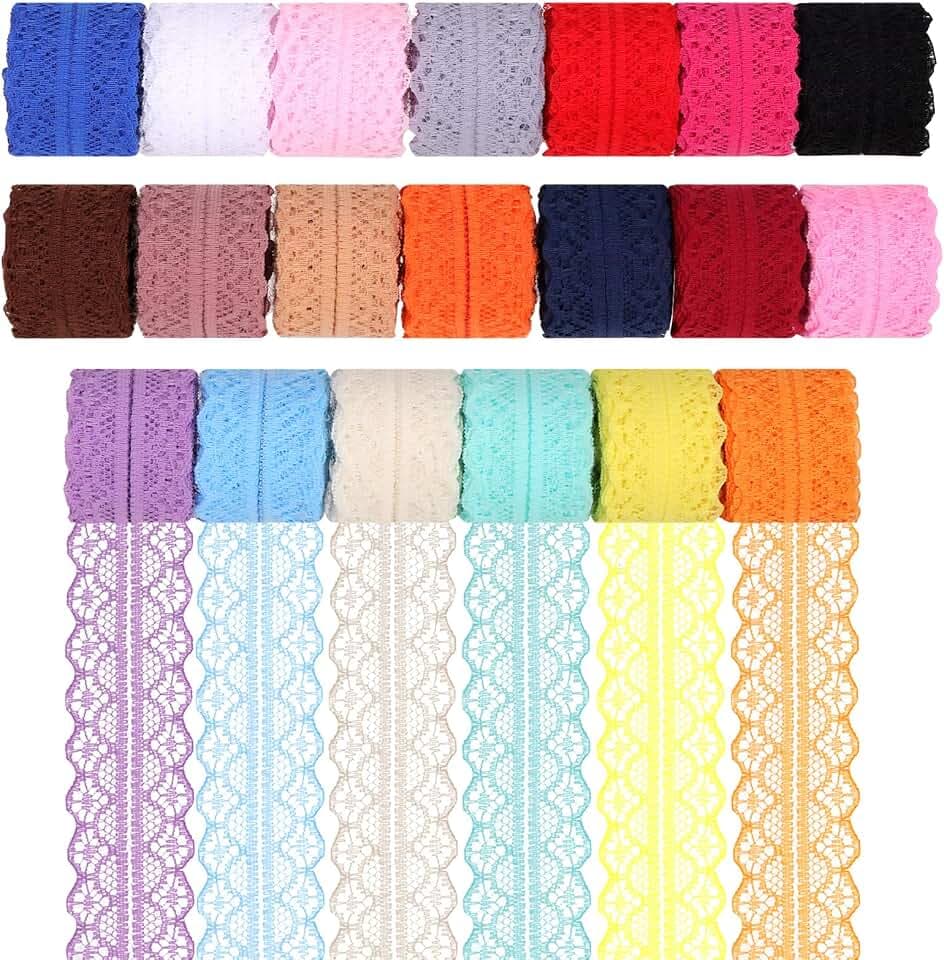 Swpeet 20 Rolls in Total 200 Yards 3cm×10 Yards Colorful Lace Ribbon Floral Pattern Fabric Bilateral Lace Ribbon, Vintage Lacing Trim Ribbons, Crafting Lacing for Decorating, Gift Wrapping, Wedding