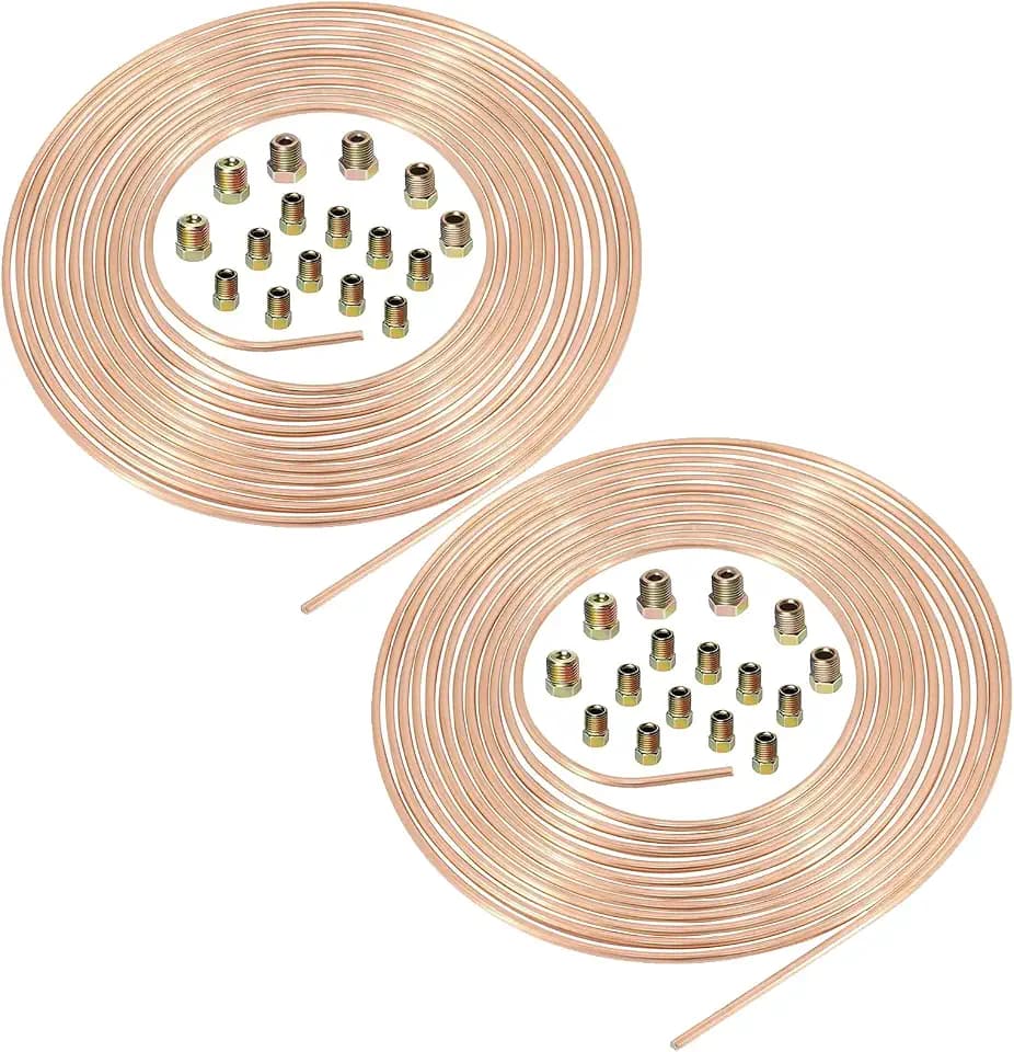 2 sets 25Ft 3/16 OD Copper-Nickel Coated Alloy Brake Line Tubing Coil Kit Tube Roll with 16 Fittings (Copper, 25Ft 3/16)