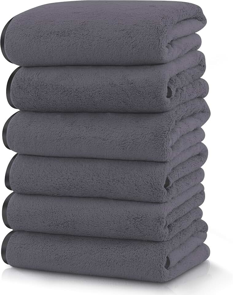 TENSTARS Silk Hemming Hand Towels for Bathroom - Quick Drying - Ultra Soft Microfiber Absorbent Towel for Bath Fitness, Gym, Shower, Hotel, and Spa - 16x28 Inch | Set of 6, Dark Grey