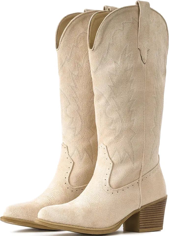 IUV Suede Cowboy Boots For Women Chunky Heel Pointed Toe Cowgirl Boots