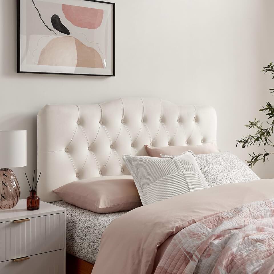 Modway Annabel Performance Velvet Adjustable Queen Headboard in Alabaster - Stain-Resistant Padded Headboard Only with Diamond Button Tufting and 7 Height-Adjustable Positions