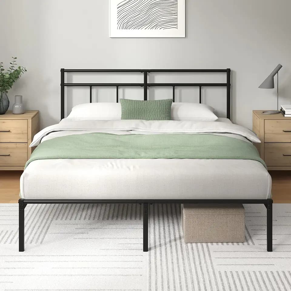 Zinus Elias 140 x 190 cm – Bettgestell aus Metall mit Kopfteil – einfache Montage – Höhe 30 cm – Bett mit Metalllattenhalterung – Stauraum unter dem Bett – modernes Design – Schwarz