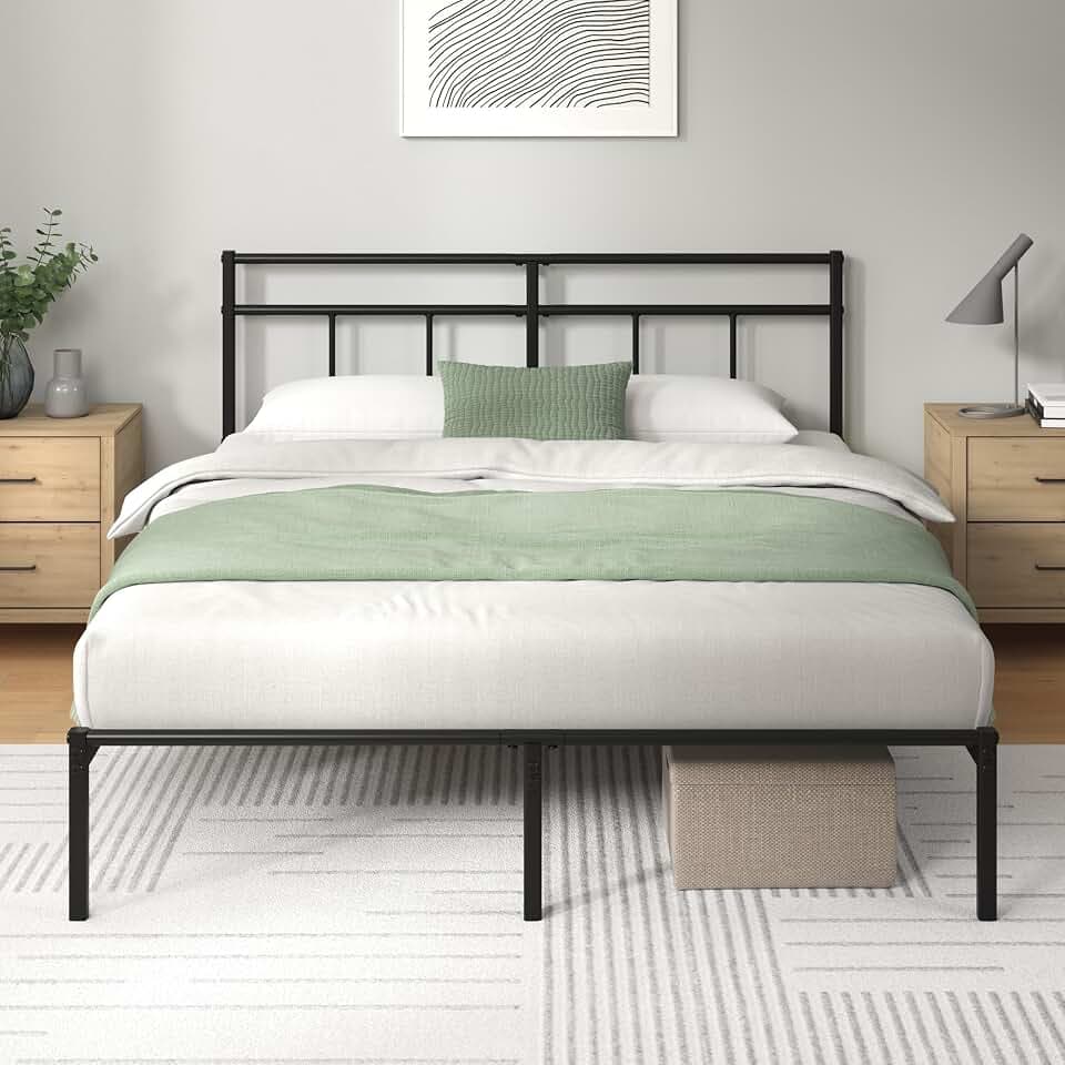 Zinus Elias Bettgestell 140x200 cm mit Vintage Kopfteil - Metallbett 140x200 mit Metall-Lattenrost - 30 cm Hohe Plattform mit Freiraum Darunter - Kein Boxspringbett Erforderlich - Schwarz