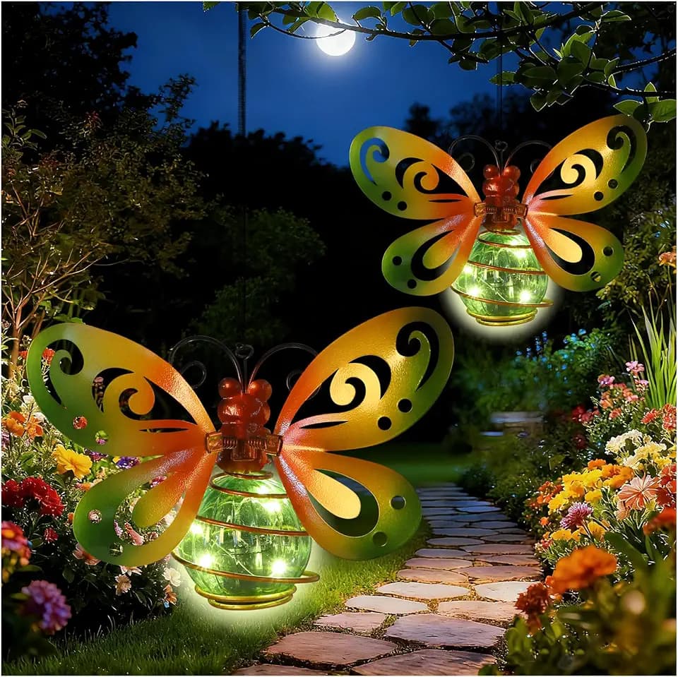 2 Pack Butterfly Garden Decor with Bouncy Springs Pendant Lights Birthday Gifts for Women Mom,Hanging Solar Lights Outside Waterproof Metal Solar Outdoor Decoration for Yard, Porch,Patio,Backyard