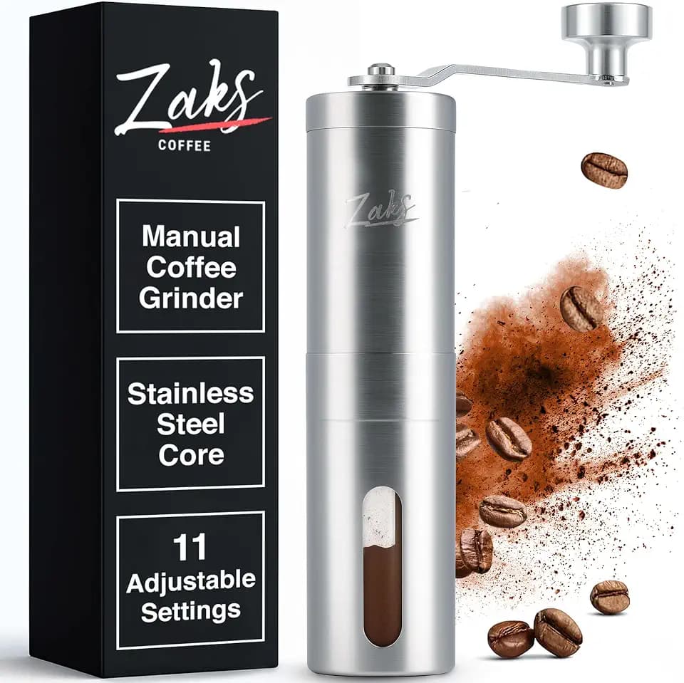 ZaksCoffee Manual Coffee Grinder Stainless Steel Core – Hand Coffee Grinder with 11 Adjustable Settings, Durable Handle and Knob, Portable and Quiet Design for Travel or Home Brewing