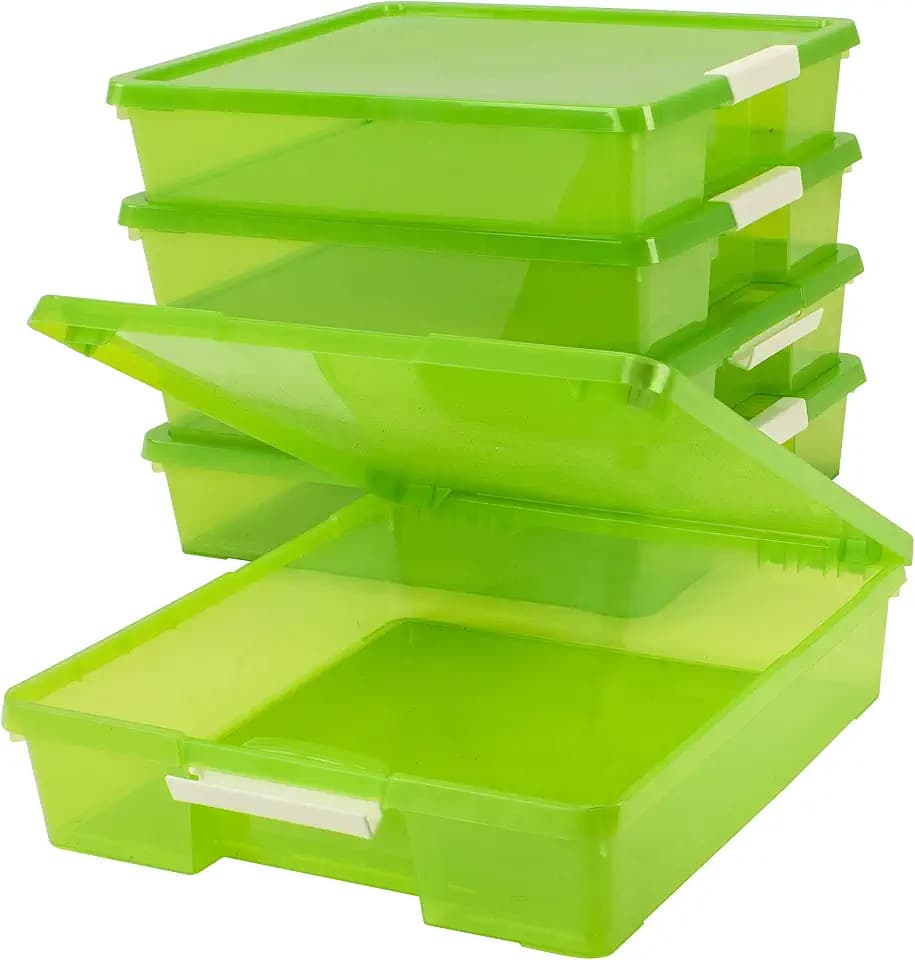 Storex Classroom Craft Project Box – Stacking Plastic Organizer Fits 12x12 Scrapbooking Paper, Green, 5-Pack (63207U05C)
