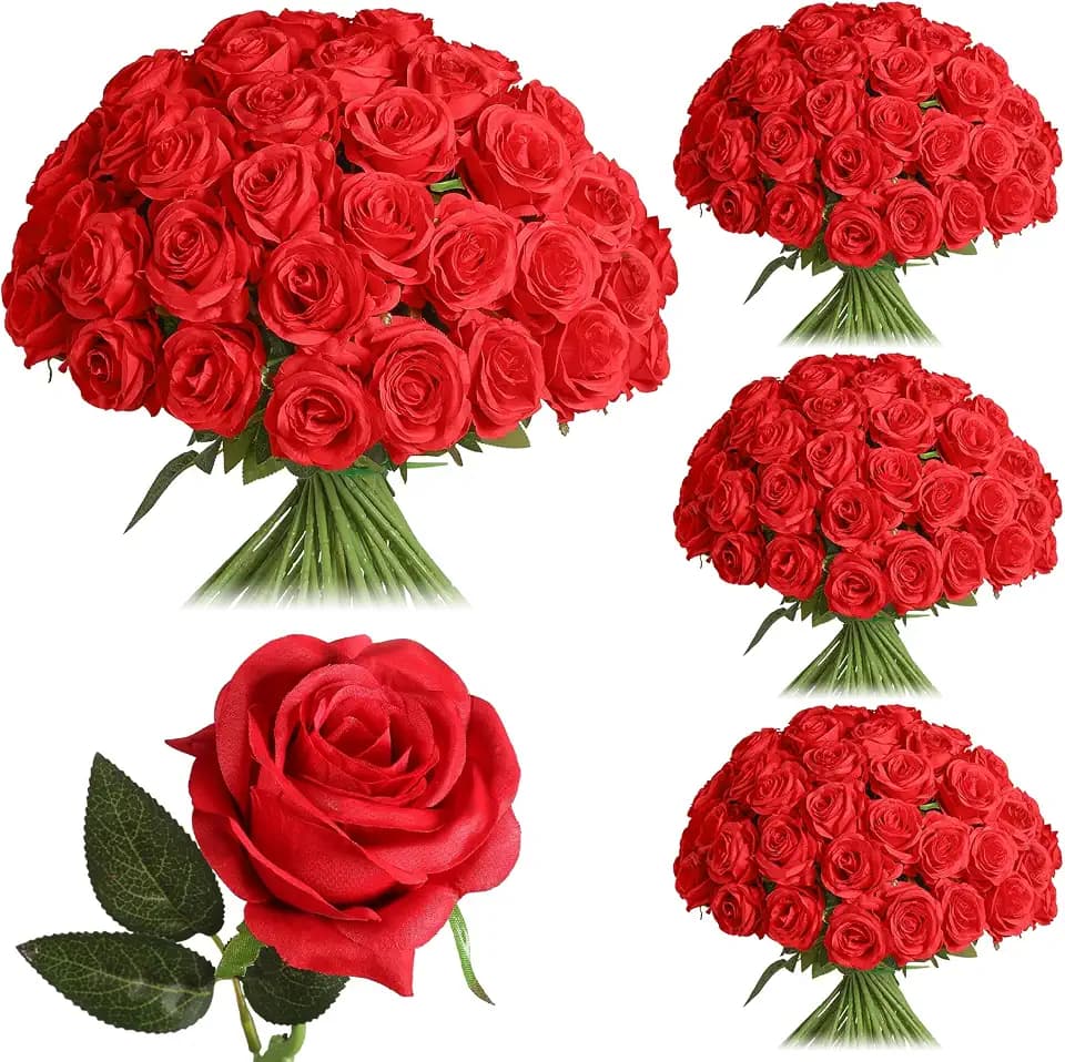 50pcs Fake Red Roses Bulk, Silk Roses Artificial Flowers with Long Stem