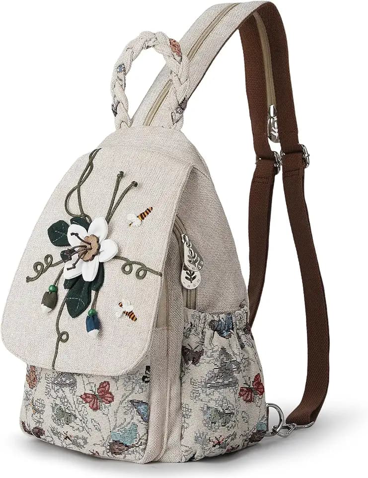 AULUDA Umwandelbare Umhängetasche für Mädchen, handgefertigte Handtasche, wunderschöner, hochwertiger, lässiger Tages-Mini-Rucksack aus Segeltuch für Frauen in Grün blumenstickerei(Blue Pattern)