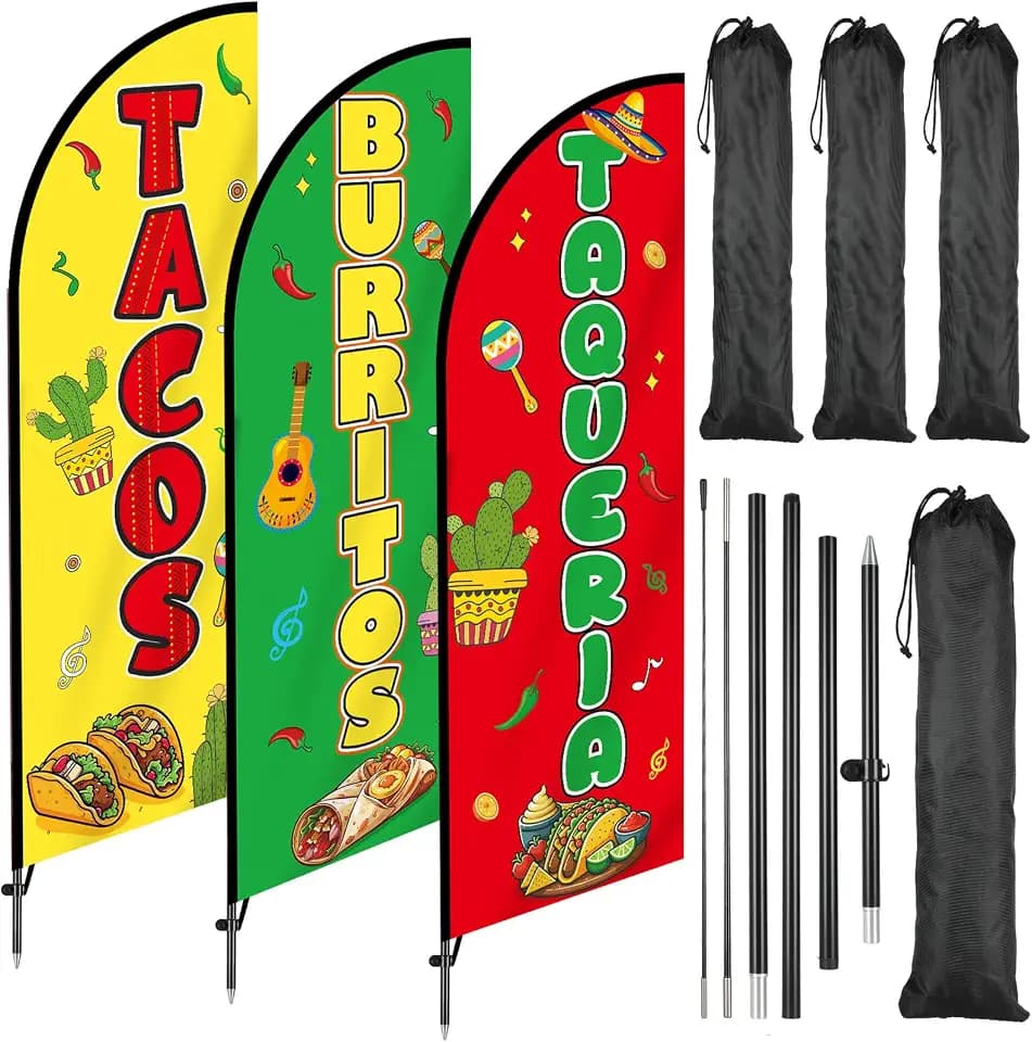 3 Sets Tacos Burritos Feather Flag Mexican Food Swooper Flag Mexican Restaurants Advertising Banner Sign for Business with Carbon Fiber Pole and Advanced Ground Stake Portable Bag for Outside Store