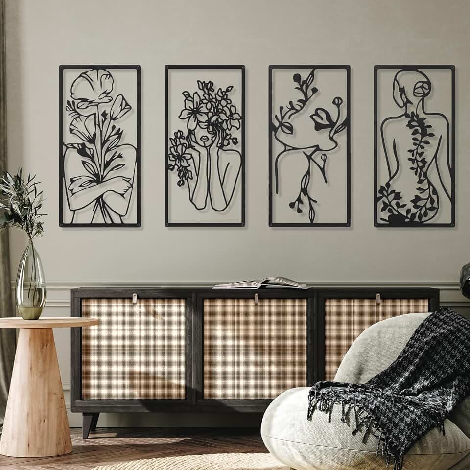 4 Stück Metall Minimalistische abstrakte Frau Wandkunst Linie Zeichnung Wandkunst Dekor 43,2 cm minimalistische einreihige Kunst weibliche Heimhängende Wandkunst Dekor für Schlafzimmer Küche Bad