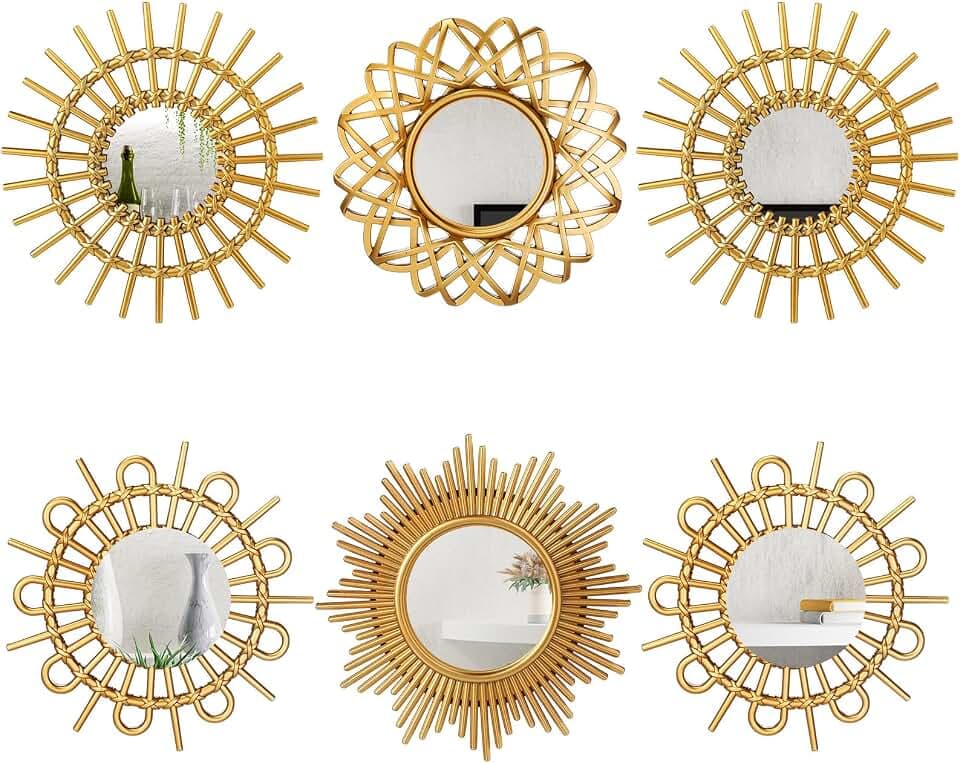 Namalu 6 Stück Wanddeko Spiegel Kleine Kreisform Sonnenspiegel Espejos Dekorative Wandkunst Eingangsspiegel Hängende Kreis Spiegel für Wand Haus Badezimmer (Gold, Elegant)