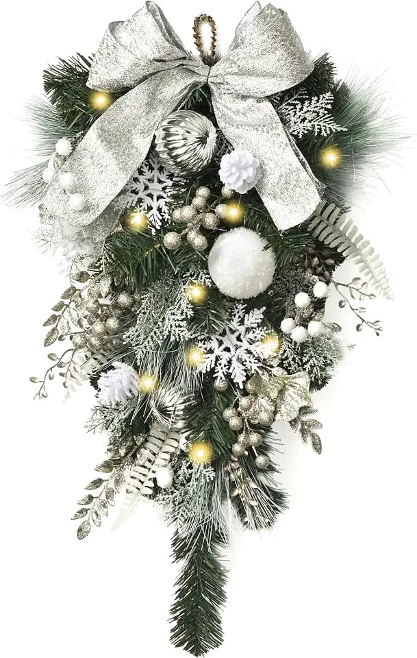Valery Madelyn 61cm Weihnachten Teardrop Swag groß mit LED Timer, 25.6 Zoll Christmas türkranz mit Silber Kugeln Bogen Schneeflocken für Haustür, Treppe, Veranda, Outdoor, Fenster