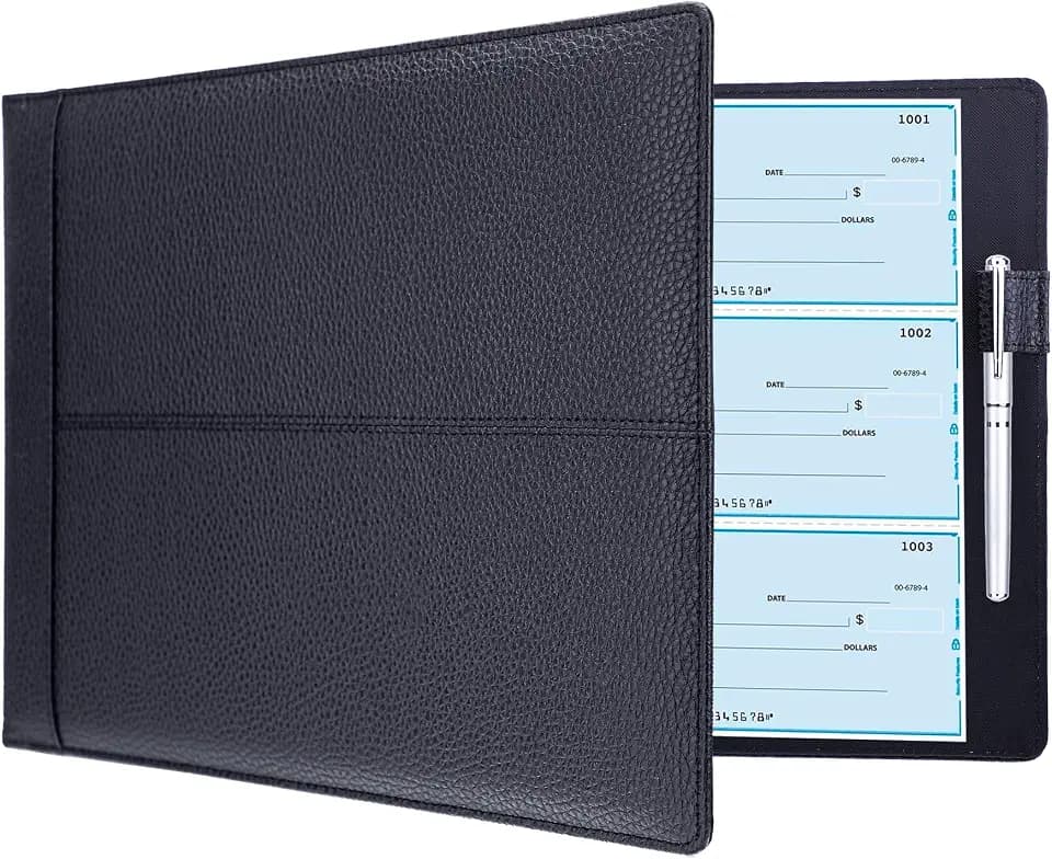 Antner 7 Ring Business Checkbook Binder for Business Checks, 600 Checks Capacity, PU Leather Check Book Binder Cover with Zipper Pouch, Executive Organizer Portfolio Holder for 9x13 Inch Sheets, Black