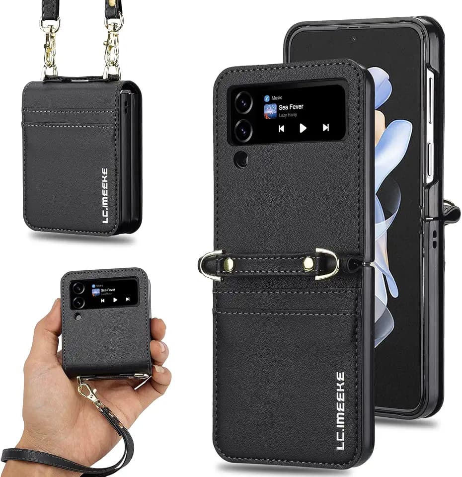 Compatible with Samsung Galaxy Z Flip 4 Stand Stylish Flip Protective Pu Leather Case,Wallet case,Card Slot, Phone case with Hand Strap, Shoulder Strap(Black)