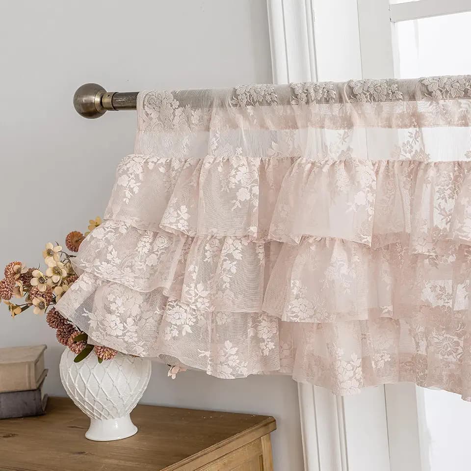 Kotile Blush Pink Ruffle Lace Valance for Windows W52 x L18 Inch, 1 Panel