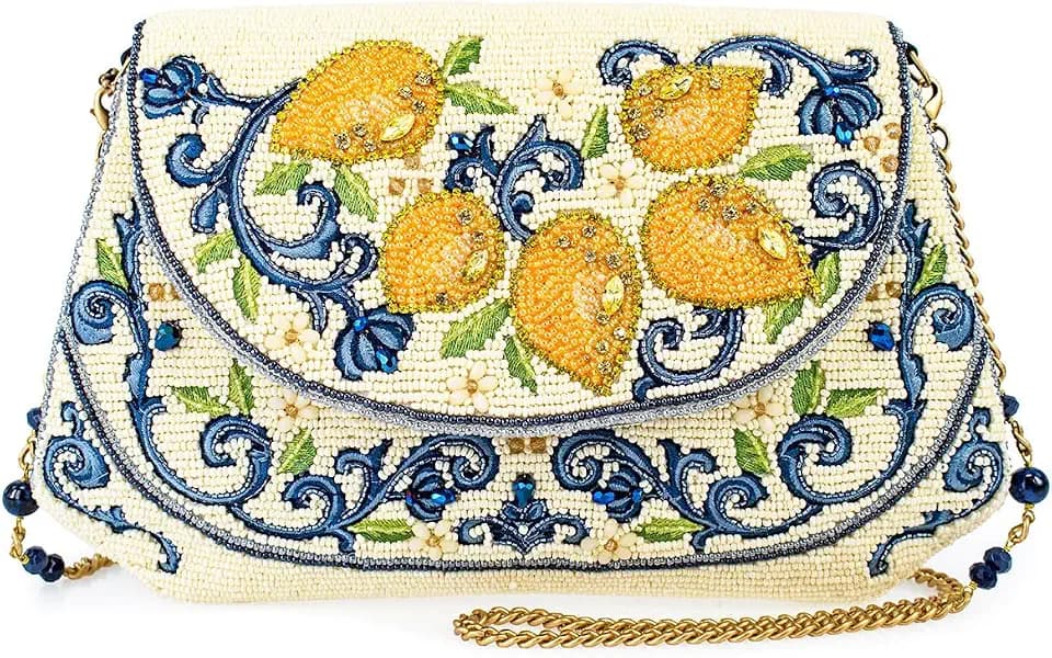 Mary Frances Capri Lemons Beaded Crossbody Handbag – Lemon Fruit Embroidered Evening Clutch Purse with Removable Chain Strap, Multicolor