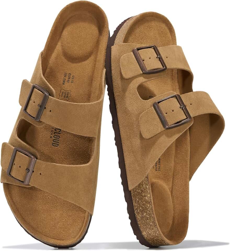 Mens Sandals, 100% Genuine Leather Mens Slides Cork Footbed Sandals for Men