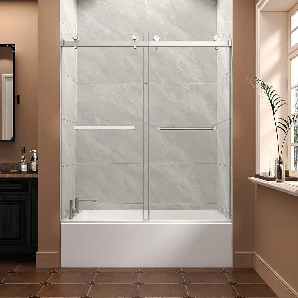 GDFStudio 55"-60" W x 60" H Frameless Sliding Shower Door for Bathtub, 5/16" Tempered Glass Shower Door with Nano Explosion-Proof Film, Reversible Double Enclosure Doors, Easy Install, Brushed Nickel