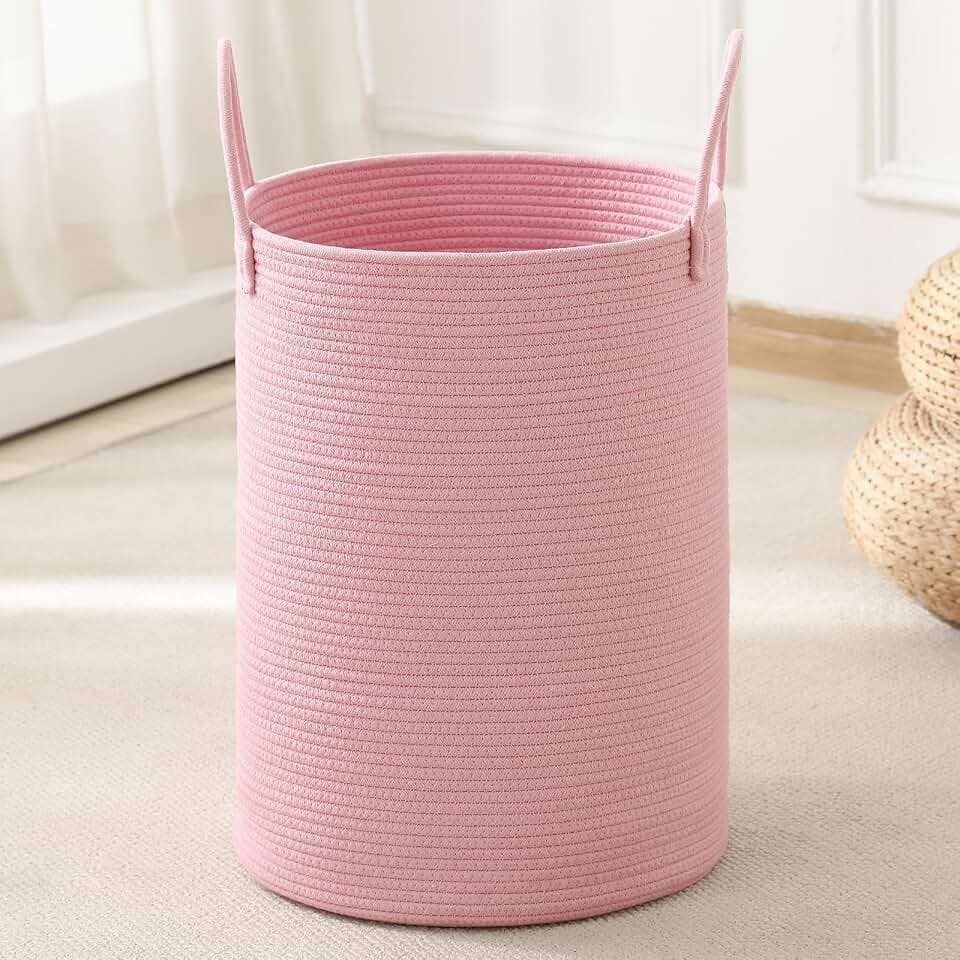 Laundry Basket Hamper Tall Rope Storage Woven for Blanket toys Dirty Clothes in Living Room Bathroom Bedroom (Pink, 60L/15.8Gal)