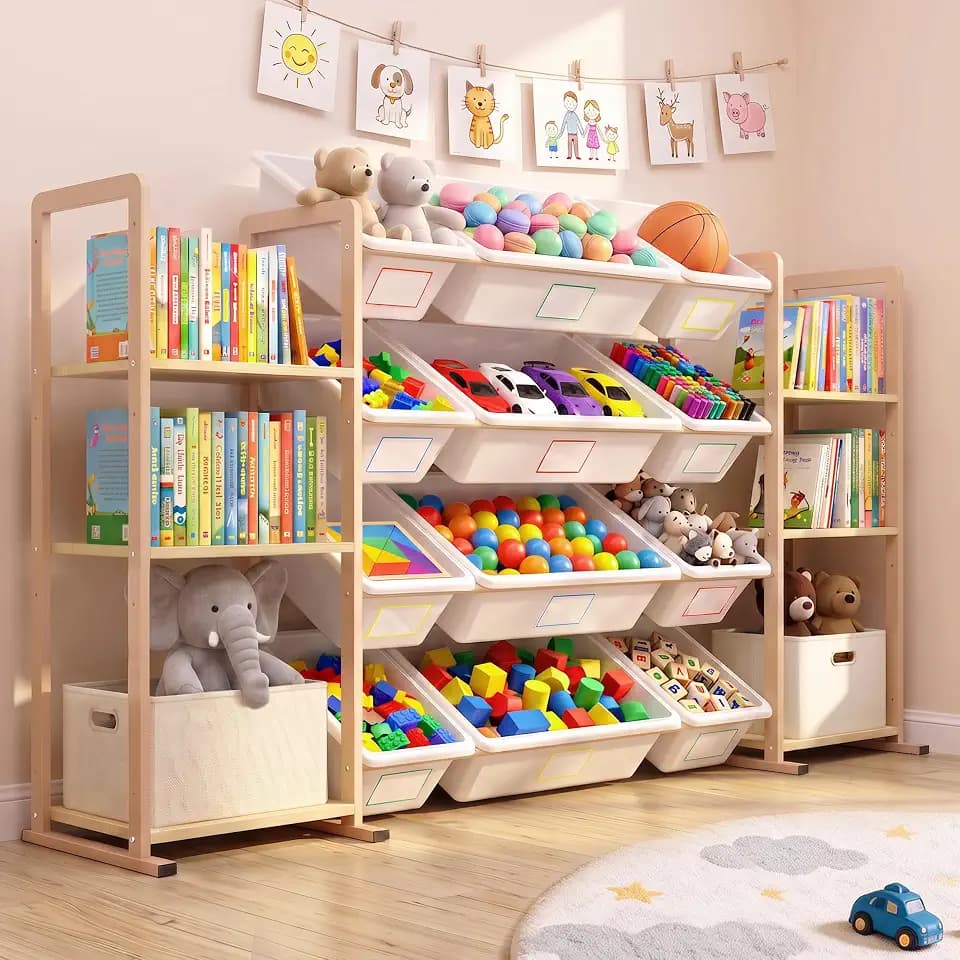 Toy Storage Organizer with 6 Shelves and 12 Removable Storage Bins, Bookshelf/Bookcase, Kids Bin Shelf, Toys Box for Playroom Organization for Bedroom & Room