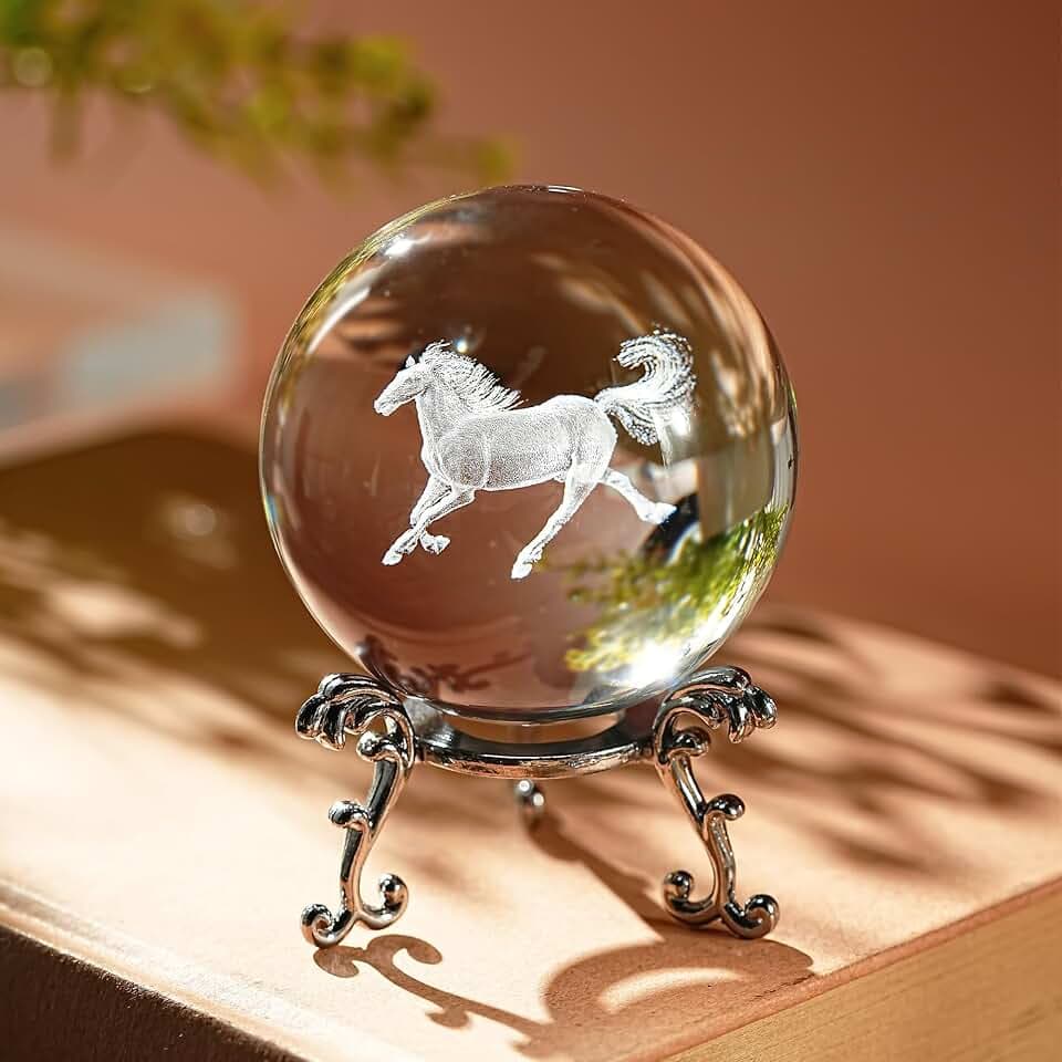 2.3 Inch Horse Crystal Ball 3D Laser Engraved Figurine with Stand Gift