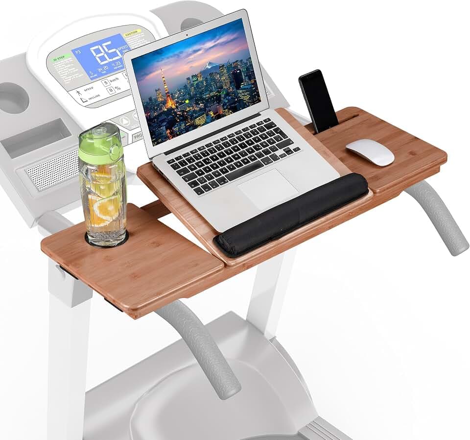 Relaxdays Laufband Schreibtischaufsatz, 7 Winkel, Handy- & Getränkehalter, versiegelter Bambus, Laptopständer, Natur