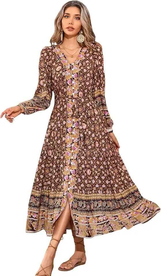 R.Vivimos Women's Boho Floral Print Button Down Midi Dress