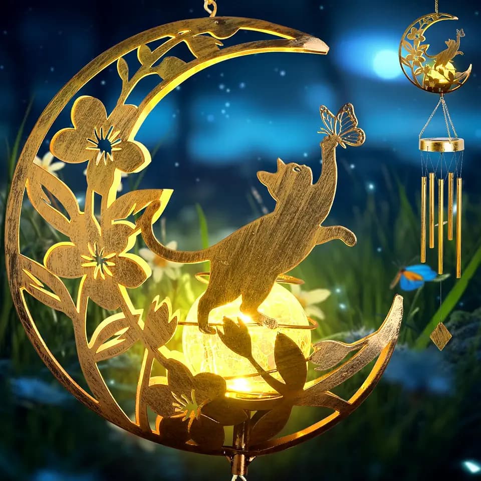 JOBOSI Solar Moon Cat Decorative Light Gift, Solar Moon Cat Decorative Wind Chime with Light, Gifts for Women Mom Grandma, Garden Lawn Decor, Christmas & New Year Gift