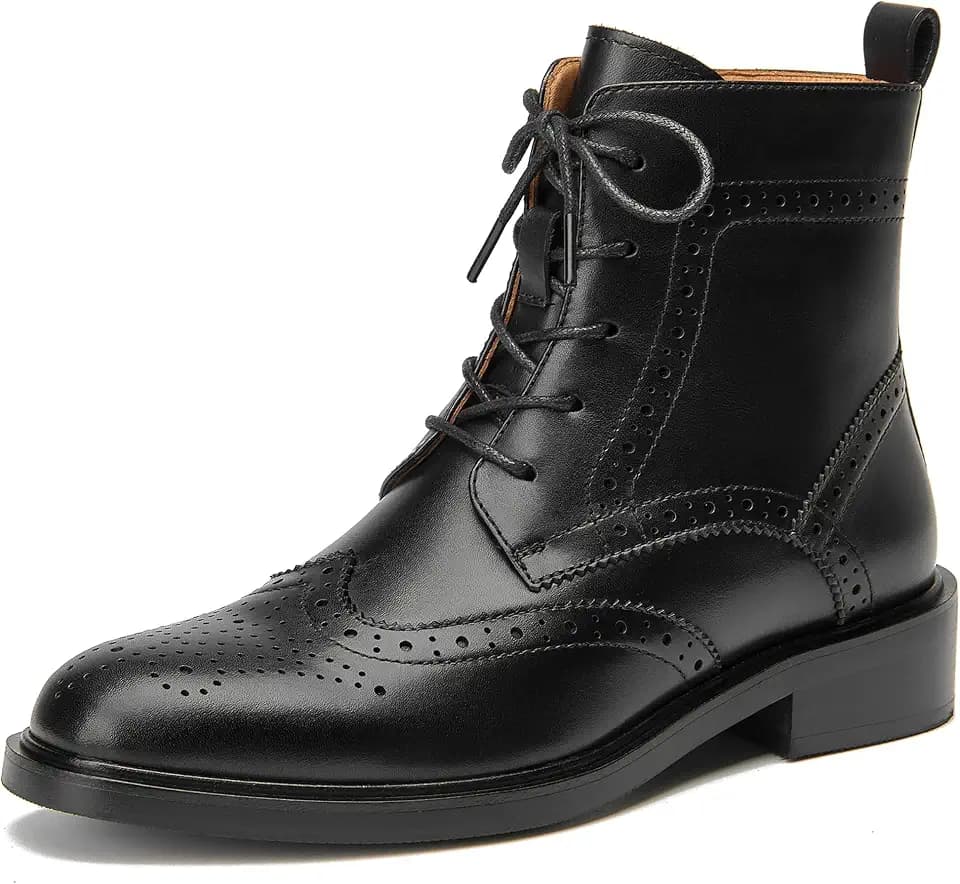 BEAU TODAY Combat Boots Womens Fall Shoes Winter Leather Ankle Boots for Women Oxfords Dressy Lace Up Wingtip Brogue Short Booties
