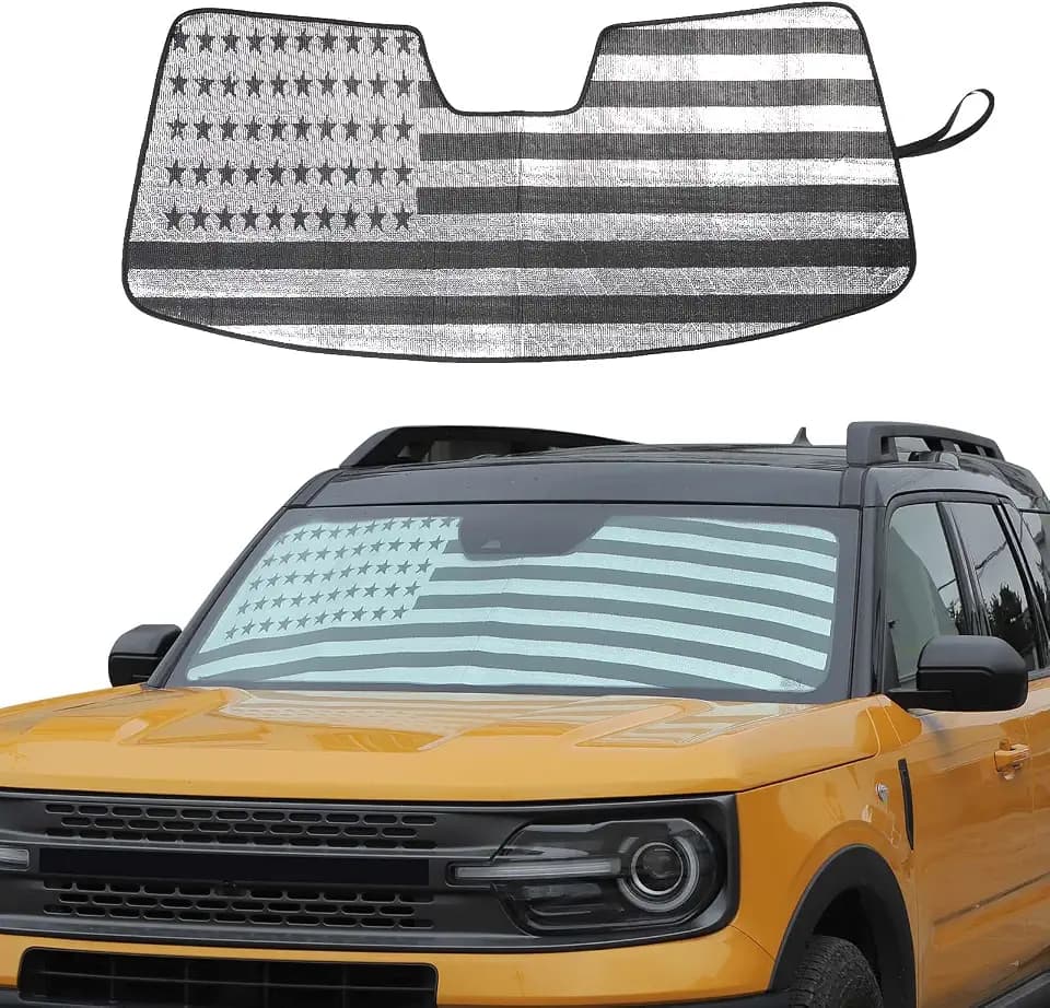 JWWY Windshield Sunshade Window Sun Shade for 2021-2025+ Ford Bronco Sport Accessories,Foldable Sun Shield Upgrade Reflective Polyester Cover Block Heat and Block UV Rays US Flag