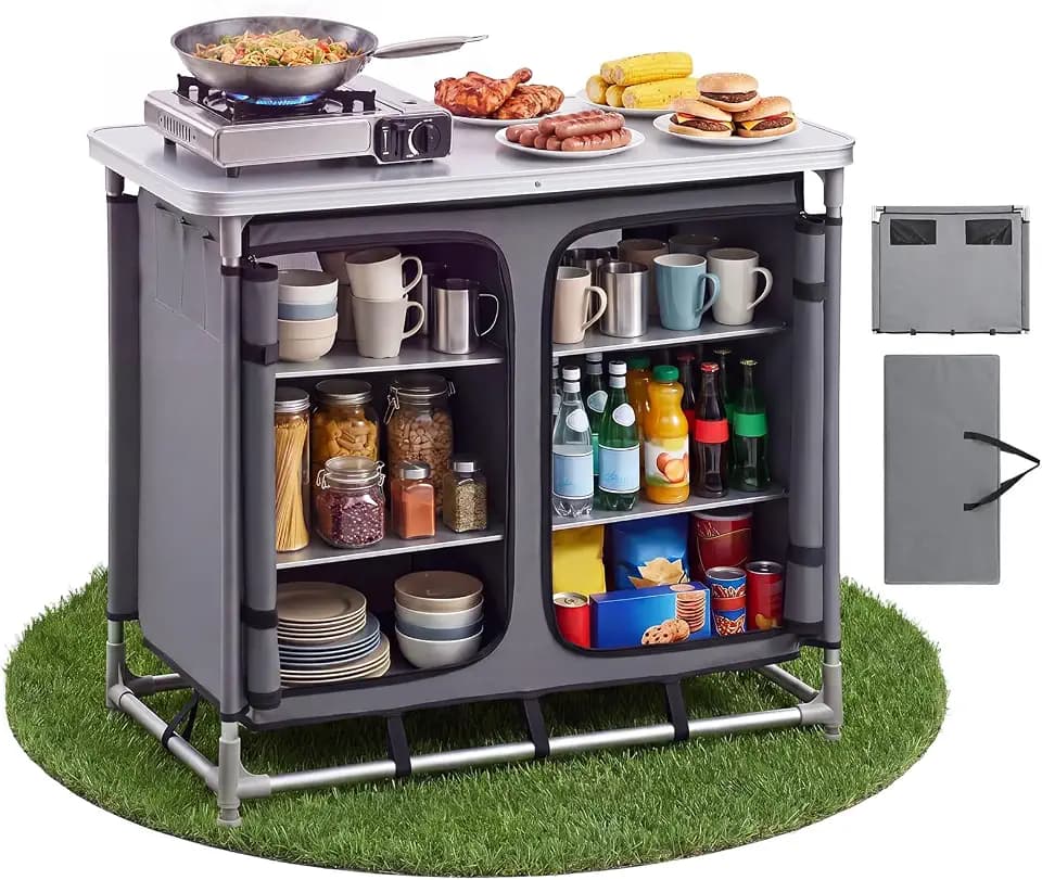 VEVOR Klappbare Campingküche, Tragbarer Campingschrank mit 6 Ablagefächern, Tragetasche & MDF-Tischplatte bis 50 kg Tragkraft, Küchenstation für Picknick, Grillen, Partys, Camping & Wohnmobilreisen