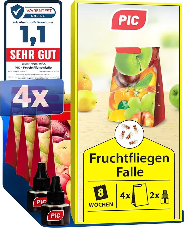 PIC Fruchtfliegenfalle Küche, 4 Klebefallen 2 Lockstoffe, Obstfliegenfalle