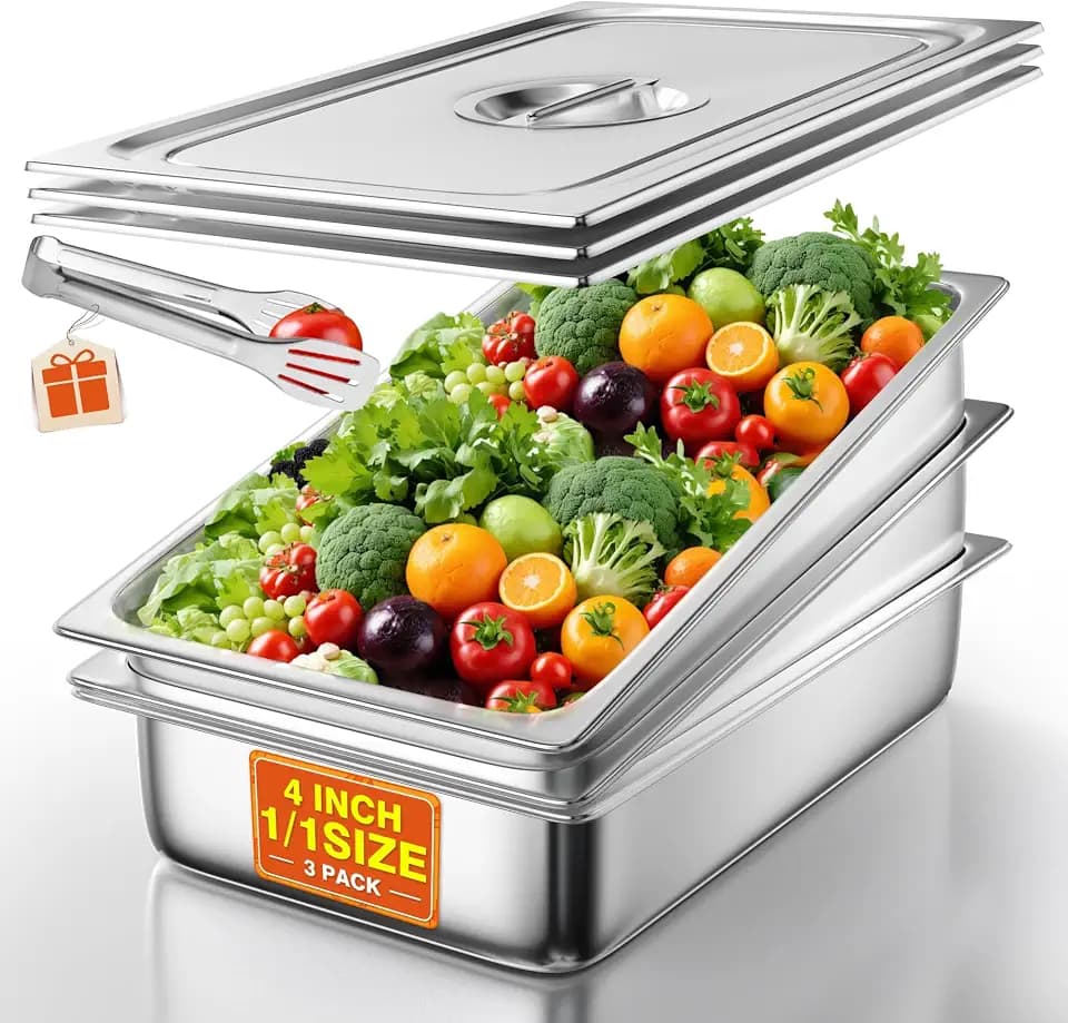WantJoin Steam Table Hotel Pans with Lids Tray Set 1/1 Size 4 Inch 3 Pack