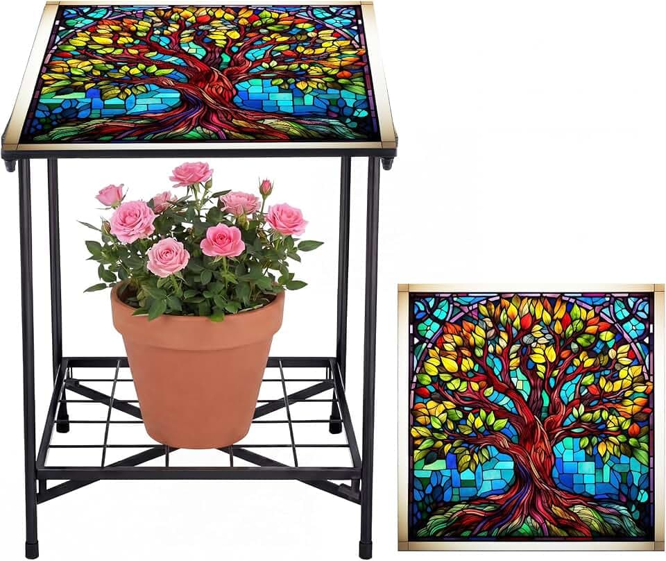 Cinnvoice Outdoor Side Table 2-Tier Small Patio End Table, Tree