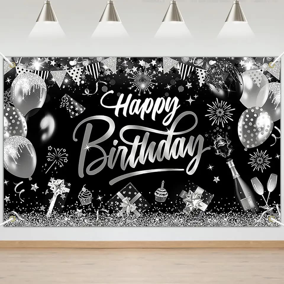 Mocsicka Black Silver Birthday Banner Birthday Decorations for Men Boys Silver Glitter Balloon Fireworks HBD Background Banners Party Decorations Indoor Outdoor (Black and Silver, 6x3.6ft)