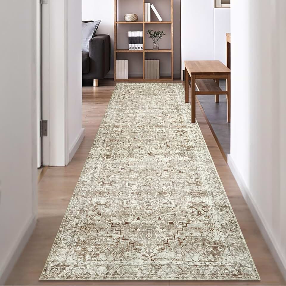 Famibay Läufer Flur 80x300cm Lang Küchenläufer Waschbarer Teppich Weich rutschfest Beige Gelb Vintage Boho Flur Teppich Läufer Schlafzimmer Büro Eingangsbereich