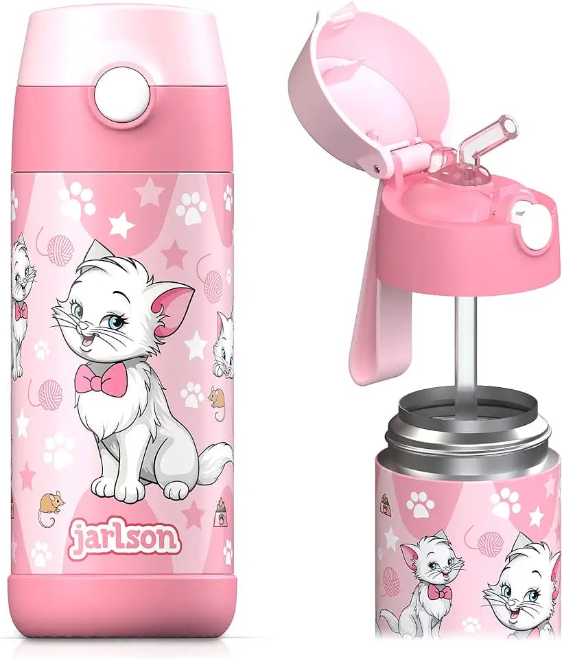Jarlson® Trinkflasche Kinder Edelstahl Charli [MIT STROHHALM] - Thermosflasche Auslaufsicher - Thermoskanne - Water Bottle Kids - Thermo Trink Flasche für Schule & Kindergarten (350ml, Katze 2)