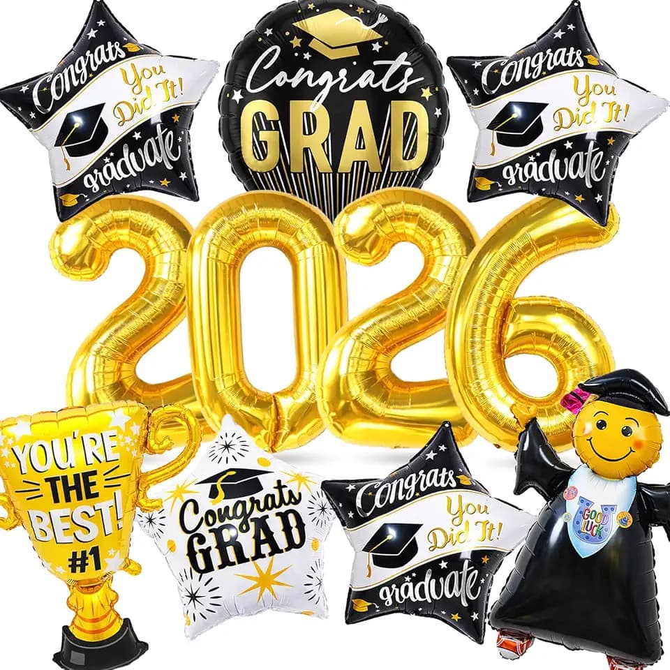 Graduation Party Decorations 2026 Graduation Balloons - 13Pcs Black Gold Graduation Foil Balloons Class of 2026 with Ribbons - Grad Mylar Balloons for Grad Decorations Supplies, College, High School