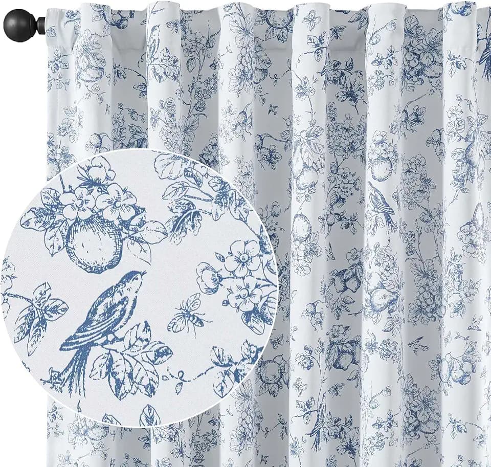 Vangao Floral Curtains for Bedroom French Country Decor, Blue 90L 2 Panels