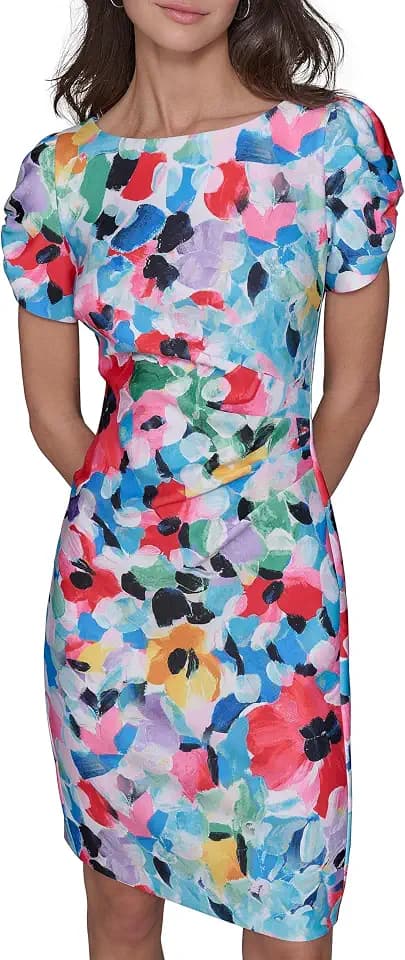KARL LAGERFELD Short Ruched Sleeve Jewel Neck Sheath Mini Dress