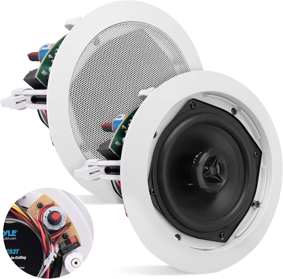 Pyle Pyle PDIC53T Deckenlautsprecher, 13,3 cm, 300 W Spitze, 2-Wege-Transformator für gewerbliche Restaurants, Surround-Sound, bündiges Design, Wandmontage, 1 Stück, Weiß