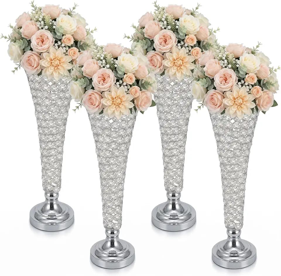 4 Pack Crystal Trumpet Vases for Centerpieces, 20" Tall Metal Crystal Floral Vase for Centerpieces Tables Wedding Party Anniversary Birthday Decor, Sliver