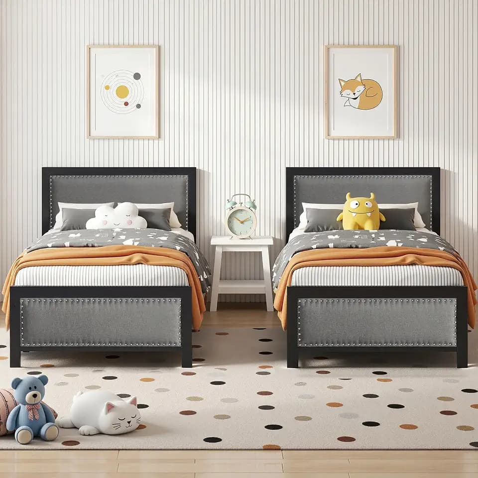 VECELO 2er-Set Polsterbett 90x200 cm mit Lattenrost, Einzelbett mit Leinen-Kopfteil und Nietenakzente, stabiles Metall-Bettgestell, geräuscharm, einfache Montage, Dunkelgrau