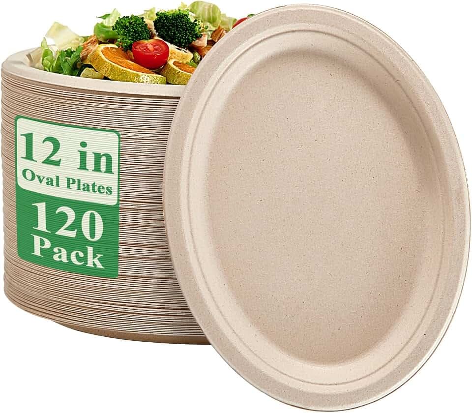 Vplus 100% Compostable Oval Paper Plates 12 inch 120 Pack, Nature