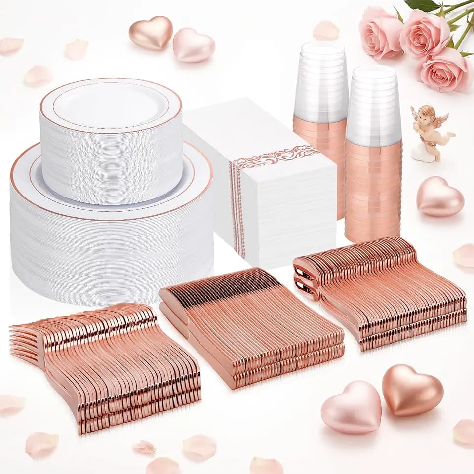 Supernal 400Pcs Rose Gold Plastic Dinnerware Set for 50 Guests Wedding